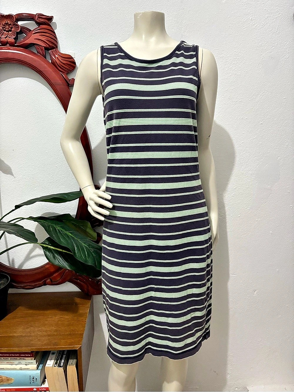Eddie Bauer Cotton Striped Casual Midi Dress in Blue & Green Size Small